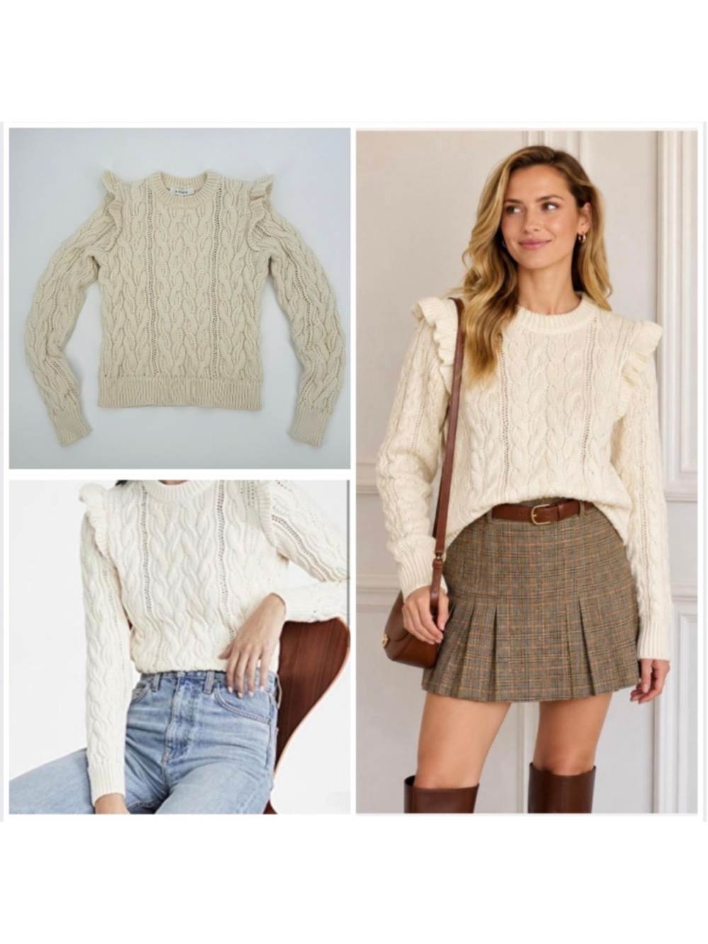 Frame Sofia Cable Knit Ruffle Sweater Beige XS